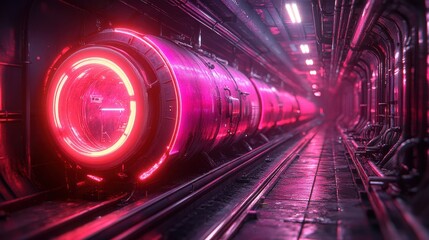 Poster - Futuristic Neon Tunnel with Circular Pods Illuminated by Pink and Purple Lights, Showcasing a Sci-Fi Inspired Urban Environment in an Industrial Setting