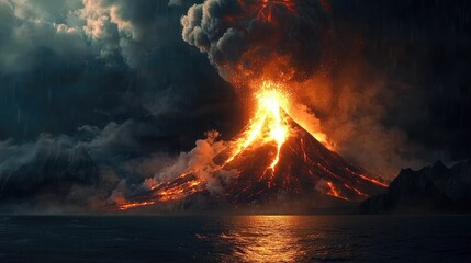 Poster - Volcanic Eruption Over Dark Ocean Waters At Night
