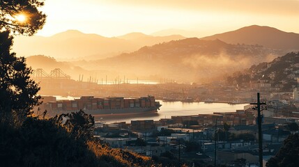 Poster - Golden Hour Sunset Over Container Ship And Cityscape