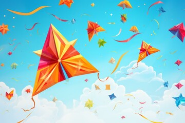 Poster - colorful kites soaring in the sky, surrounded by confetti and clouds, creating a vibrant and joyful 