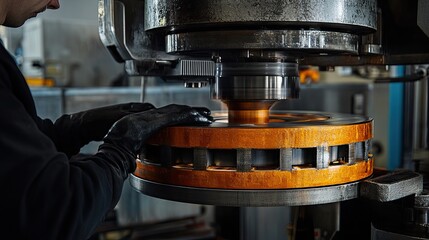 Poster - Industrial Worker Operating a Large Metal Pressing Machine