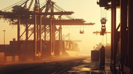 Poster - Golden Hour at the Container Port Cranes and Ships