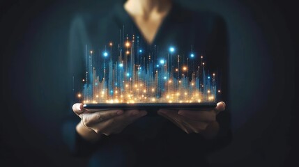 Poster - Woman displays glowing digital data on tablet