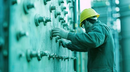 Poster - Industrial Worker Inspecting Large Panel Of Bolts
