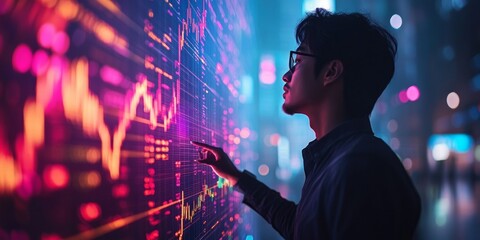 Poster - Korean Man Analyzing Stock Market Data on Digital Interface with Neon Lights at Night