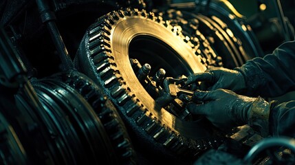 Poster - Gloved hands work on industrial machinery gears