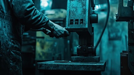 Poster - Worker operating a heavy industrial metal press machine