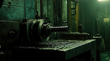 Poster - Industrial Machine Component Close Up In Dark Factory