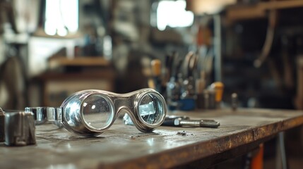 Aufkleber - Metal Safety Glasses Resting On A Workbench