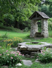 Aufkleber - Old stone well surrounded by vibrant flowers in a peaceful garden setting. Generative AI