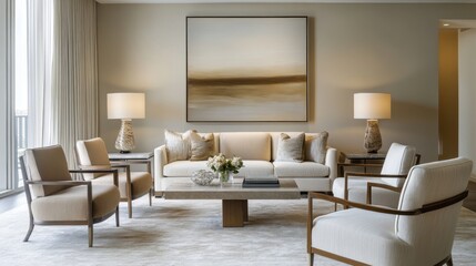 Poster - A calm and serene living room in minimalist style, featuring neutral-toned furniture, a statement art piece, and soft natural lighting.