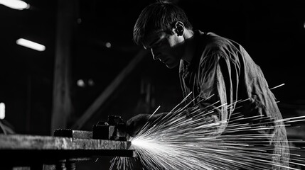 Poster - Metalworker Grinding Metal Sparks Fly In Dark Workshop
