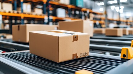 Poster - Cardboard boxes moving along a conveyor belt in a warehouse