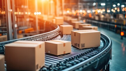 Poster - Cardboard Boxes Moving Along Conveyor Belt In Warehouse