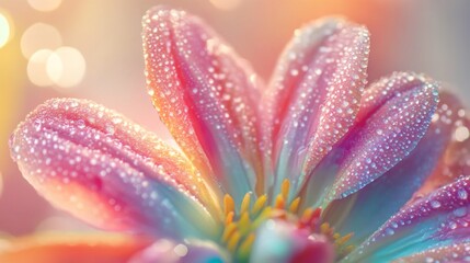 Poster - A close-up of a colorful flower with dew-covered petals, captured with soft focus and a light mist in the background.