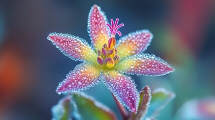 Poster - A close-up of a colorful flower with dew-covered petals, captured with soft focus and a light mist in the background.