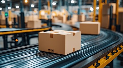 Poster - Cardboard Box Moving On Conveyor Belt In Warehouse