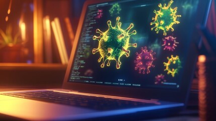 Poster - a close-up of a laptop with a pop-up scam message and a virus icon, warning of a potential online cr
