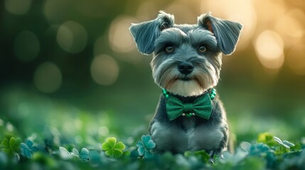 Poster - Miniature Schnauzer Dog Wearing Bow Tie Amidst Shamrocks