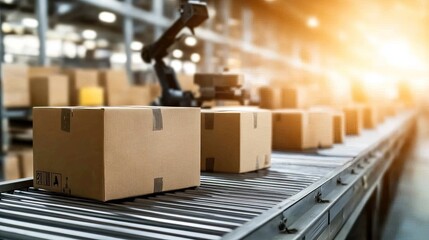 Poster - Cardboard Boxes Moving On Conveyor Belt In Warehouse