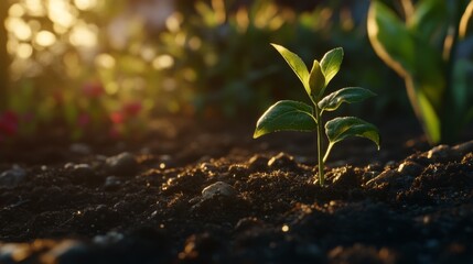 Aufkleber - A close-up of a tiny green seedling sprouting from rich, dark soil, illuminated by soft sunlight in a garden.