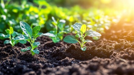 Aufkleber - A close-up of a tiny green seedling sprouting from rich, dark soil, illuminated by soft sunlight in a garden.
