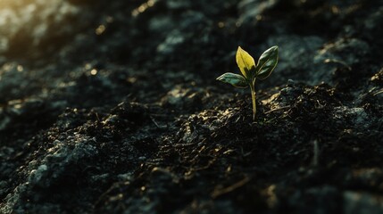 Aufkleber - A close-up of a tiny green seedling sprouting from rich, dark soil, illuminated by soft sunlight in a garden.