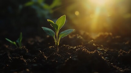 Aufkleber - A close-up of a tiny green seedling sprouting from rich, dark soil, illuminated by soft sunlight in a garden.