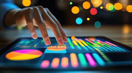 Poster - Hand Interacting With Vibrant Data Charts On Tablet
