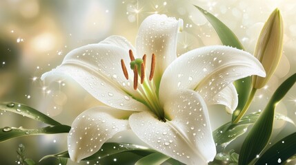 Poster - A close-up of a white lily with water droplets glistening on its soft petals, surrounded by greenery and soft, blurred light.