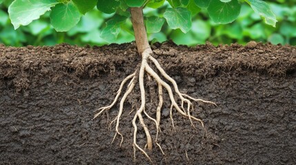 Poster - A close-up of a young tree's roots taking hold in the earth, highlighting its stability and connection to the soil.