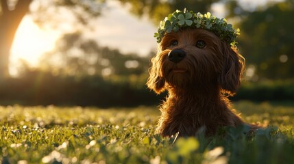 Poster - Golden Dog Wearing Clover Crown In Grassy Field