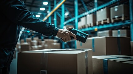 Poster - Worker scans packages in a large warehouse facility