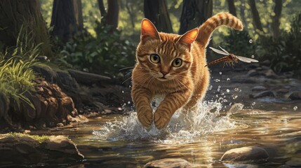 Poster - A curious tabby cat splashing through shallow puddles as it chases a dragonfly in a forest clearing.
