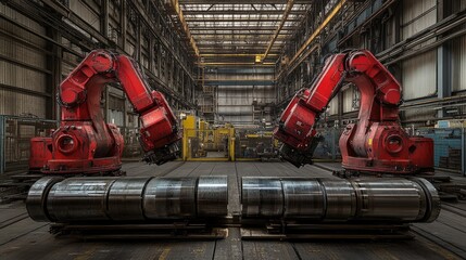 Poster - Red Robotic Arms Manipulate Large Metal Cylinders In Factory
