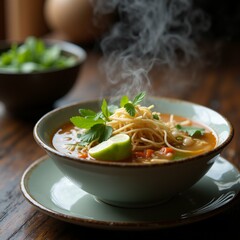 Wall Mural - The image shows a bowl of soup on a wooden table. The soup is in a light green bowl with a white rim and is placed on a green saucer. The bowl is filled with noodles, vegetables, and a slice of lime.