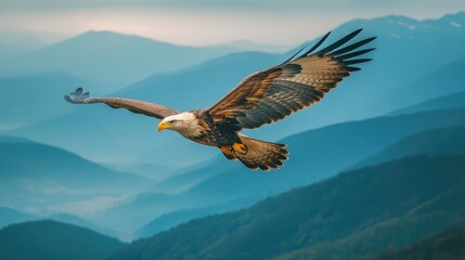 Sticker - Majestic Bald Eagle Soaring Above Mountain Ranges