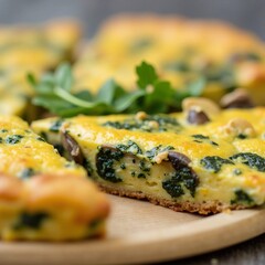 Wall Mural - The image shows a close-up of a slice of quiche on a wooden cutting board. The quiche has a golden-brown crust and is topped with melted cheese and small pieces of spinach and mushrooms.