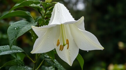 Poster - A delicate white flower with dew drops on its petals, set against a blurred natural background of leaves and greenery.