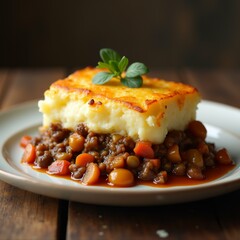 Wall Mural - The image shows a plate of food on a wooden table. On the plate, there is a slice of shepherd's pie with a golden brown crust on top.