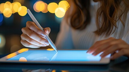 Poster - Woman uses stylus on tablet at night