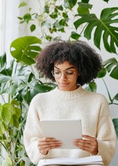 Poster - Focused Young Woman Engaged in Digital Learning Amidst Lush Plant Life