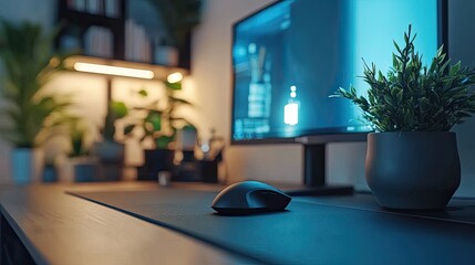Poster - Modern Workspace Featuring Computer Mouse and Plants