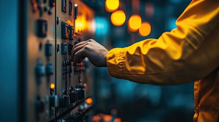 Poster - Worker hand operating industrial control panel