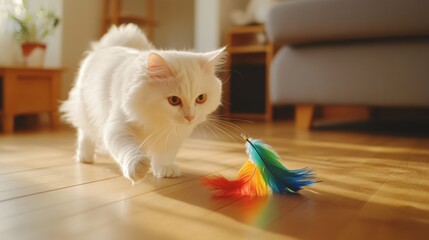 Poster - A fluffy white cat chasing a colorful feather toy on a wooden floor in a cozy living room.