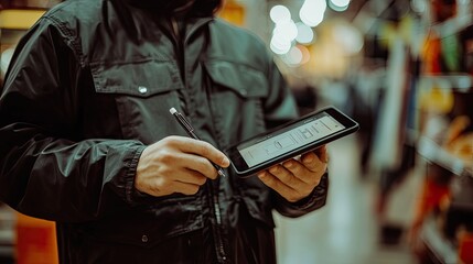 Poster - Person using stylus on digital tablet in store
