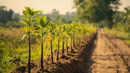 Aufkleber - A line of saplings planted along a dirt road, representing reforestation efforts in a rural area.