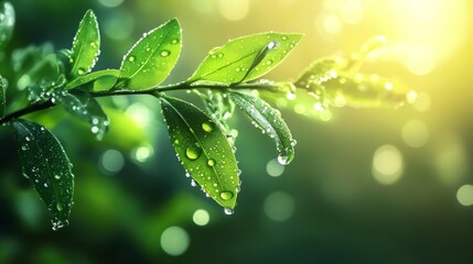Poster - A macro shot of fresh green leaves unfurling on a young tree branch, glistening with morning dew.