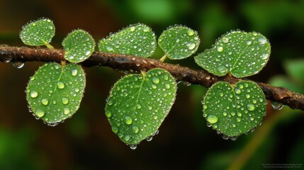 Poster - A macro shot of fresh green leaves unfurling on a young tree branch, glistening with morning dew.
