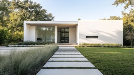 Poster - A minimalist exterior of a two-story house, with a clean geometric design, white walls, and a simple front yard with grass and plants.